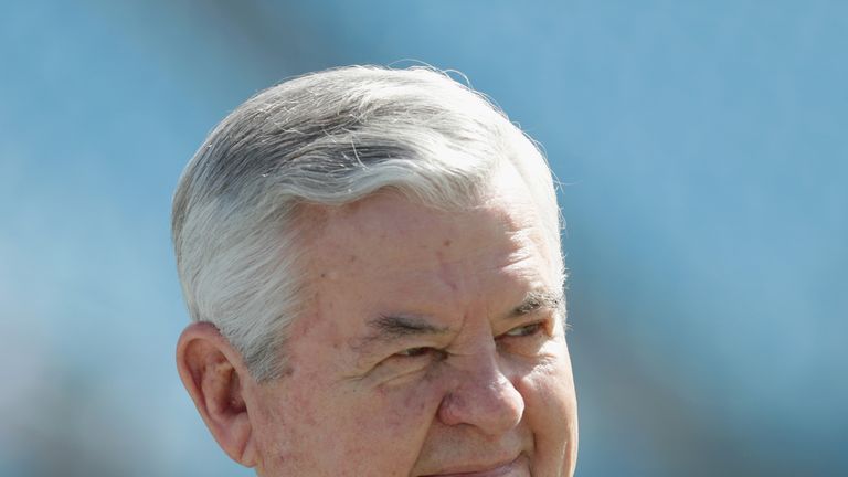 The Carolina Panthers owner Jerry Richardson walks the field before their game against the San Francisco 49ers at Bank of America Stadium, September 2016