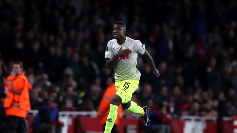 FC Koln's Jhon Cordoba celebrates scoring his side's first goal of the game during the Europa League match at the Emirates Stadium, London. PRESS ASSOCIATI