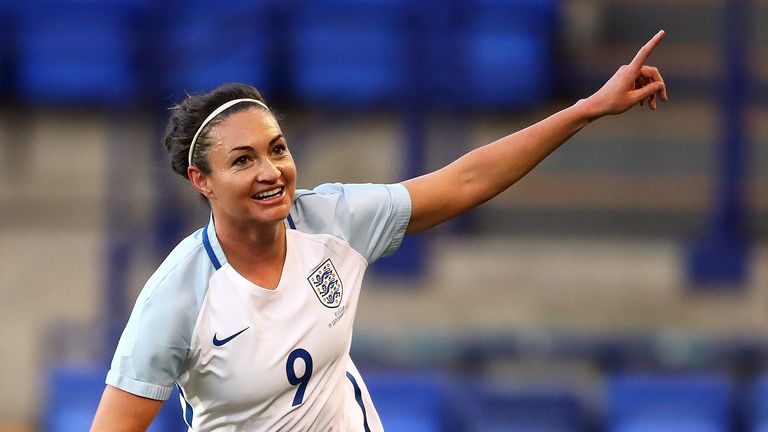 Jodie Taylor celebrates scoring England's second goal of the game during the FIFA 2019 Women's World Cup qualifer at Prenton Park