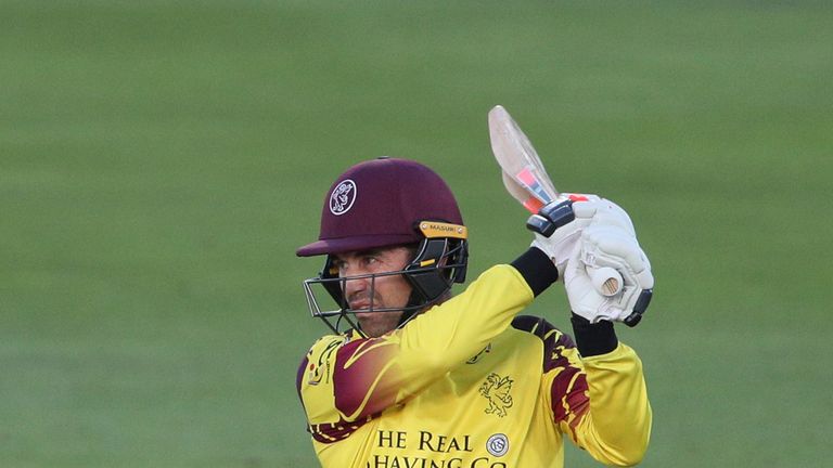 CANTERBURY, ENGLAND - JULY 27: Johann Myburgh of Somerset hits a boundary on his way to a half century during the NatWest T20 Blast South Group match at Th