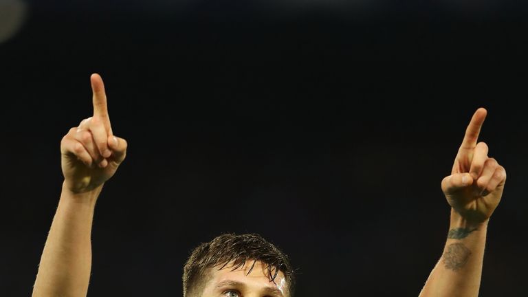John Stones celebrates after scoring Manchester City's fourth goal in Rotterdam