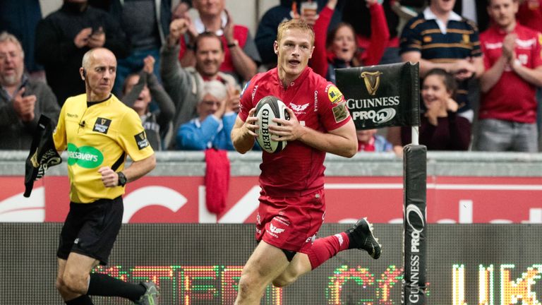 Scarlets' Johnny McNicholl scores his side's seventh against the Kings