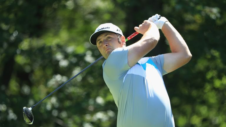 Jon Rahm of Spain plays his shot from the second tee during round one of the Dell Technologies Championship at TPC Boston