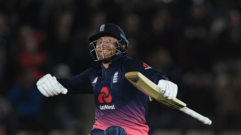 SOUTHAMPTON, ENGLAND - SEPTEMBER 29:  Jonny Bairstow of England celebrates his 100 during the 5th Royal London One Day International between England and We