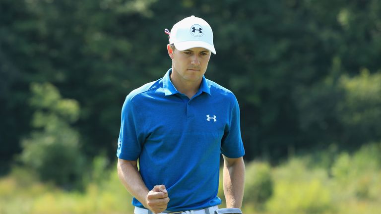 Jordan Spieth of the United States reacts after making his eagle putt on the second green during the final round of the Dell Tech
