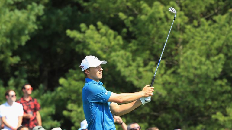 Jordan Spieth of the United States plays his shot from the third tee during the final round of the Dell Technologies Championship