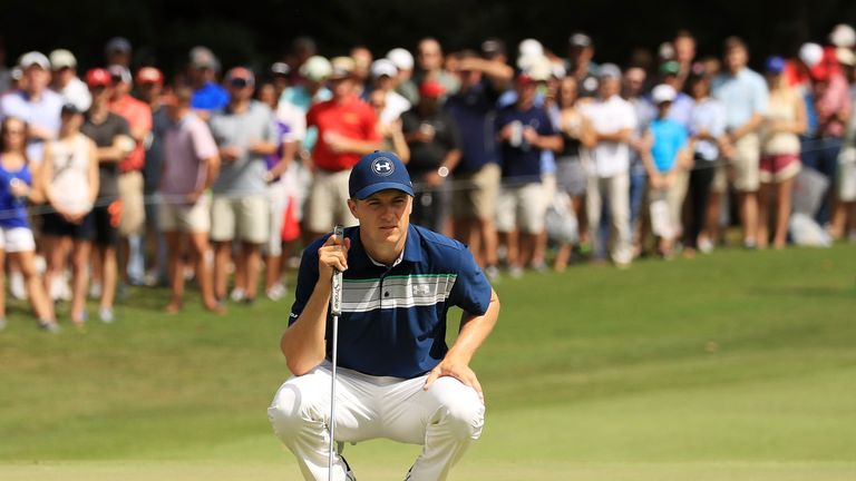 ATLANTA, GA - SEPTEMBER 24:  Jordan Spieth of the United States lines up a putt on the seventh green during the final round of the TOUR Championship at Eas