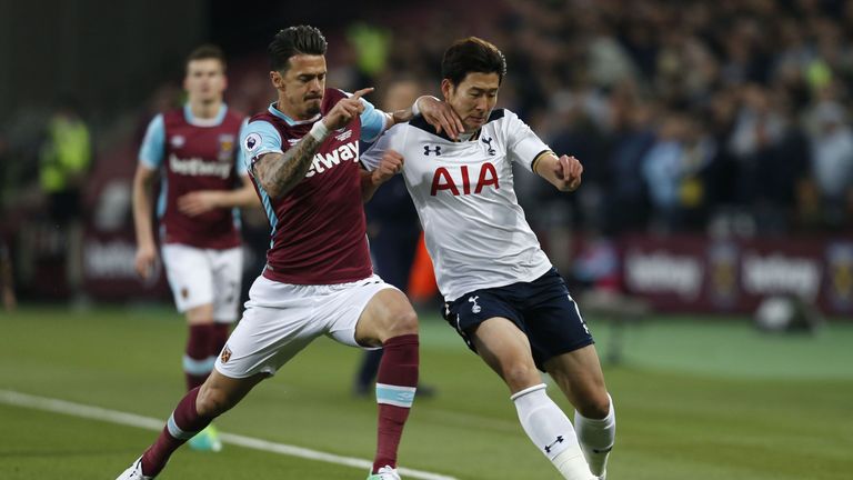 West Ham United defender Jose Fonte vies with Tottenham Hotspur's South Korean striker Son Heung-Min (R) 