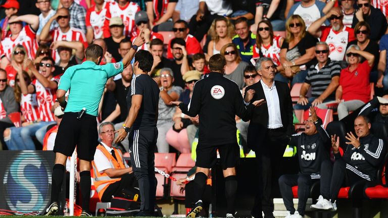 SOUTHAMPTON, ENGLAND - SEPTEMBER 23:  Jose Mourinho, Manager of Manchester United gets sent to the stands by referee Craig Pawson during the Premier League