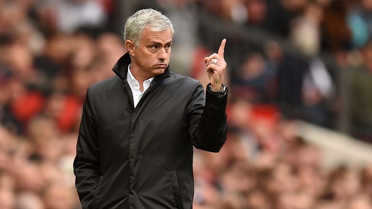 Jose Mourinho gestures on the touchline during the Premier League match between Manchester United and Everton at Old Trafford