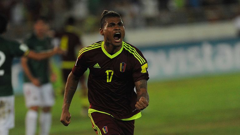 Venezuela's forward Josef Martinez celebrates a goal against Bolivia during their 2018 FIFA World Cup qualifier football match in Maturin, Venezuela, on No