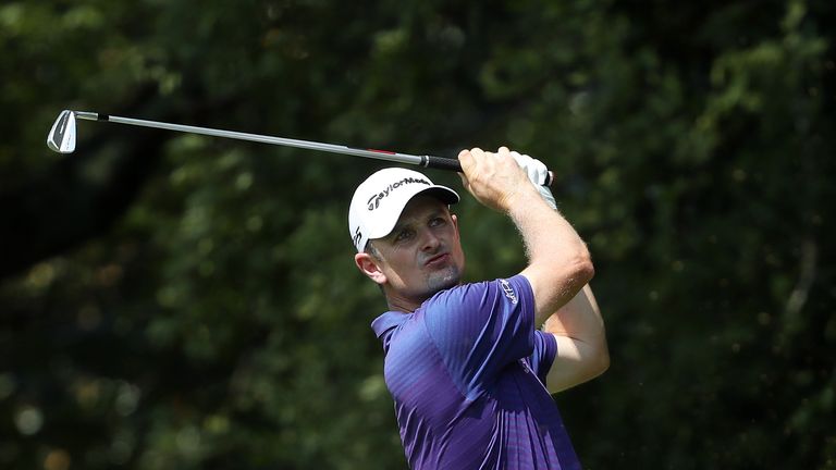 Justin Rose of England plays his shot from the second tee during the second round of the Tour Championship at East Lake 