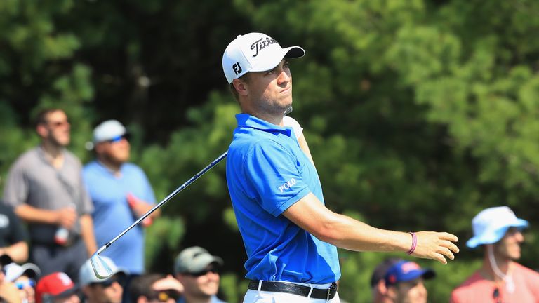 Justin Thomas of the United States plays his shot from the third tee during the final round of the Dell Technologies Championship