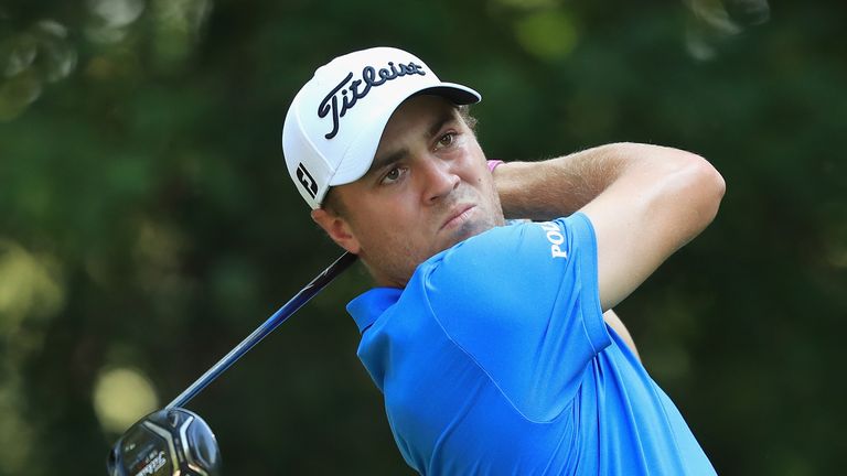 Justin Thomas of the United States plays his shot from the ninth tee during the final round of the Dell Technologies Championship