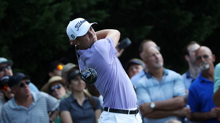 Justin Thomas drives from the eighth tee