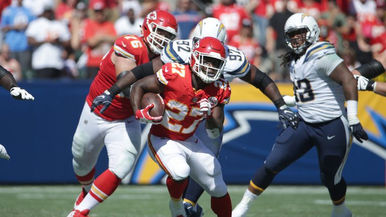 CARSON, CA - SEPTEMBER 24:  Kareem Hunt #27 of the Kansas City Chiefs runs the ball during the game against the Los Angeles Chargers at the StubHub Center 