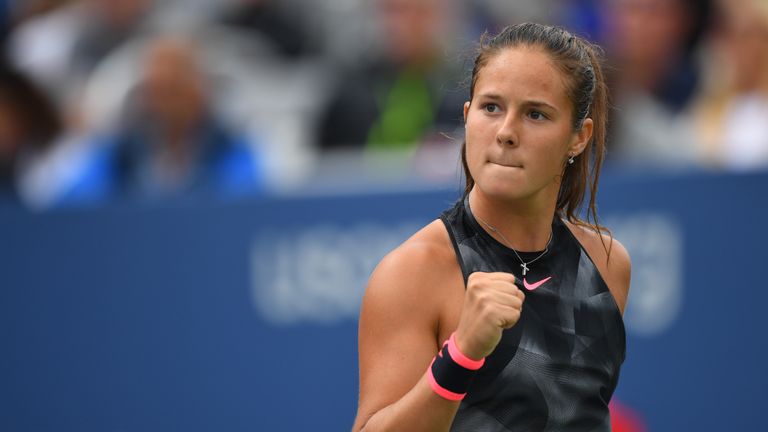 Russia's Darya Kasatkina returns the ball to Latvia's Jelena Ostapenko during their Qualifying Women's Singles match at the 2017 US Open Tennis Tournament 