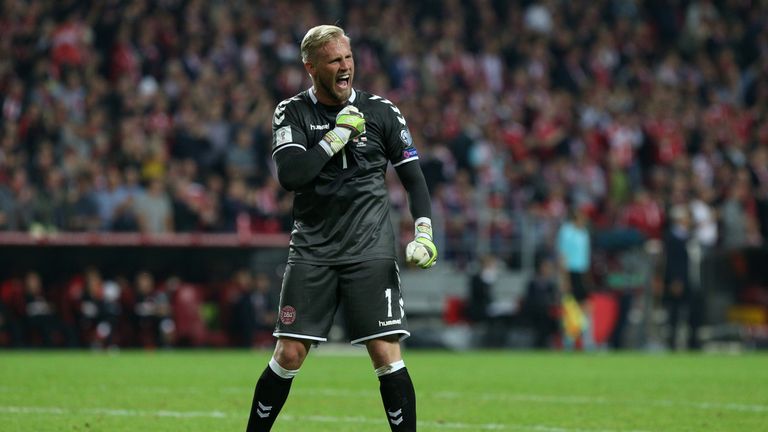 COPENHAGEN, DENMARK - SEPTEMBER 01: Kasper Schmeichel of Denmark celebrates after Denmark score the fourth goal during the FIFA 2018 World Cup Qualifier be