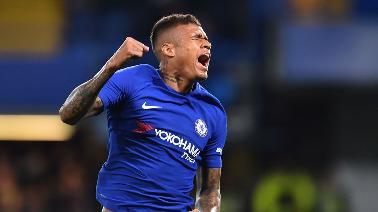 Chelsea's Brazilian striker Kenedy celebrates scoring the opening goal during the English League Cup third round football match between Chelsea and Notting