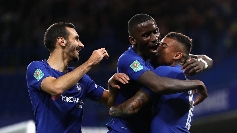 Kenedy celebrates scoring his side's first goal with Davide Zappacosta and Antonio Rudiger in the Carabao Cup tie v Nottingham Forest