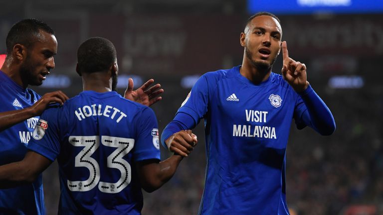 CARDIFF, WALES - SEPTEMBER 26:  Cardiff player Kenneth Zahore celebrates after scoring the opening goal during the Sky Bet Championship match between Cardi