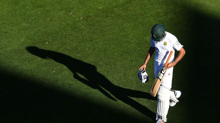 South Africa's Keshav Maharaj walks after being caught during the third day of the second and final Test match against Bangladesh, Colombo, on March 17