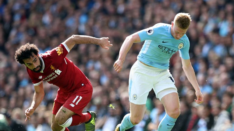 Liverpool's Mohamed Salah (left) and Manchester City's Kevin De Bruyne battle for the ball during the Premier League match at the Etihad Stadium, Mancheste