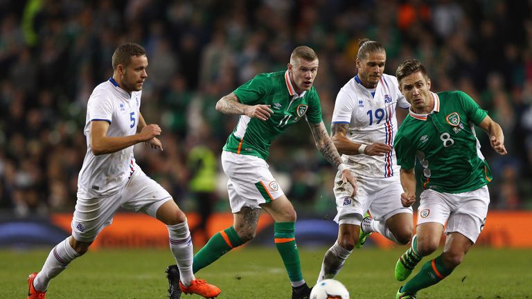 DUBLIN, IRELAND - MARCH 28: (L-R) Sverrir Ingason of Iceland, James McClean of Republic of Ireland, Rurik Gislason of Iceland and Kevin Doyle of Republic o