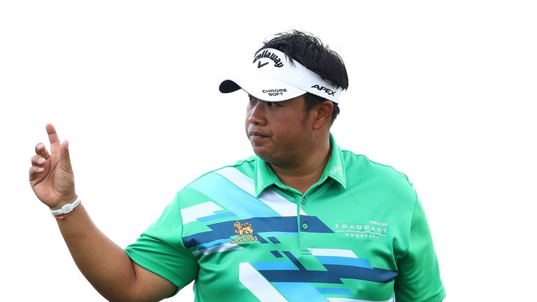 SPIJK, NETHERLANDS - SEPTEMBER 15:  Kiradech Aphibarnrat of Thailand acknowledges the crowd after holing out on the 7th hole during day two of the KLM Open