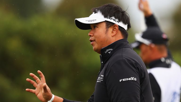 SPIJK, NETHERLANDS - SEPTEMBER 16:  Kiradech Aphibarnrat of Thailand thanks the fans for their applause on the 2nd green during day 3 of the European Tour 