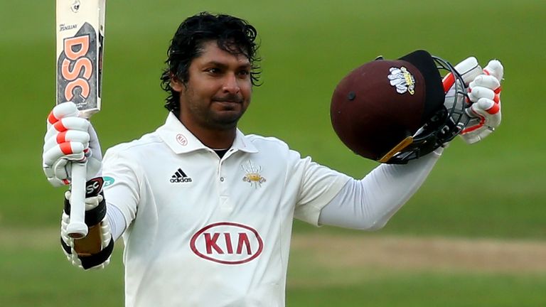 LONDON, ENGLAND - SEPTEMBER 20:  Kumar Sangakkara of Surrey celebrates his century during day two of the Specsavers County Championship Division One match 