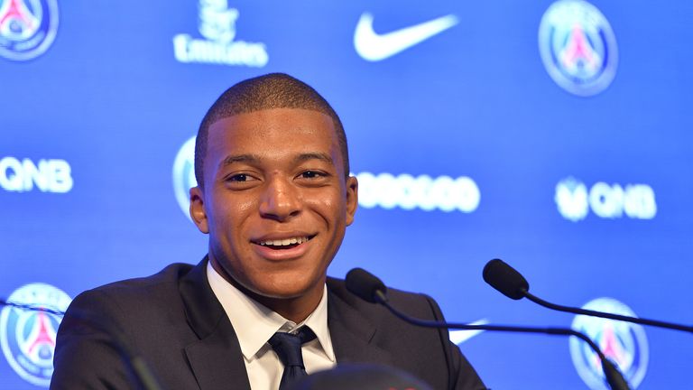 Kylian Mbappe speaks to the media during a press conference at Parc des Princes after moving from Ligue 1 rival Monaco