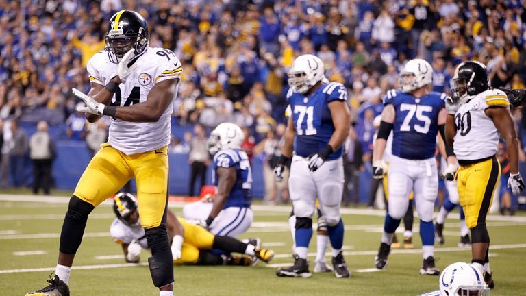 Lawrence Timmons #94 of the Pittsburgh Steelers reacts after a fourth-down stop of the Indianapolis Colts during the 2016 NFL season