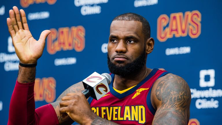 LeBron James talks to the media at Cleveland Clinic Courts on September 25