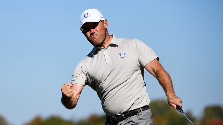 CHASKA, MN - OCTOBER 01: Lee Westwood of Europe reacts to a birdie putt on the seventh green during afternoon fourball matches of the 2016 Ryder Cup at Haz