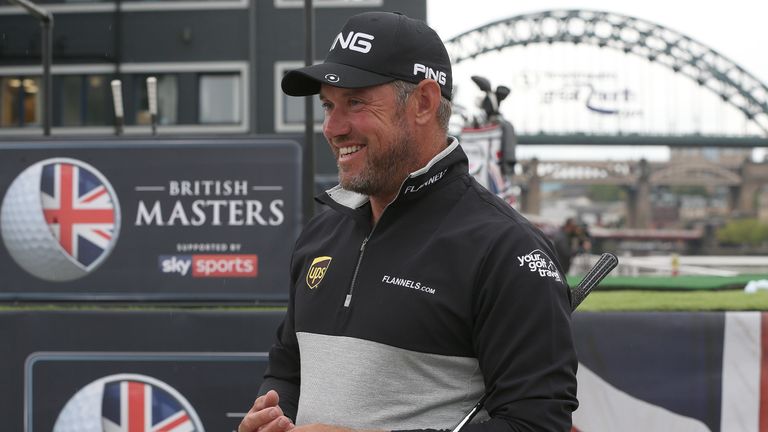 NEWCASTLE UPON TYNE, ENGLAND - SEPTEMBER 04: British golfer Lee Westwood tees off during a British Masters preview event on the Tyne River on September 4, 