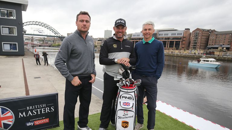 NEWCASTLE UPON TYNE, ENGLAND - SEPTEMBER 04: British Golfer Lee Westwood (C) with Former Newcastle United player Steve Harper (L) and Former athlete Jonath