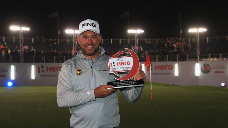 Westwood poses with the trophy after winning the Hero Challenge prior to the start of the tournament