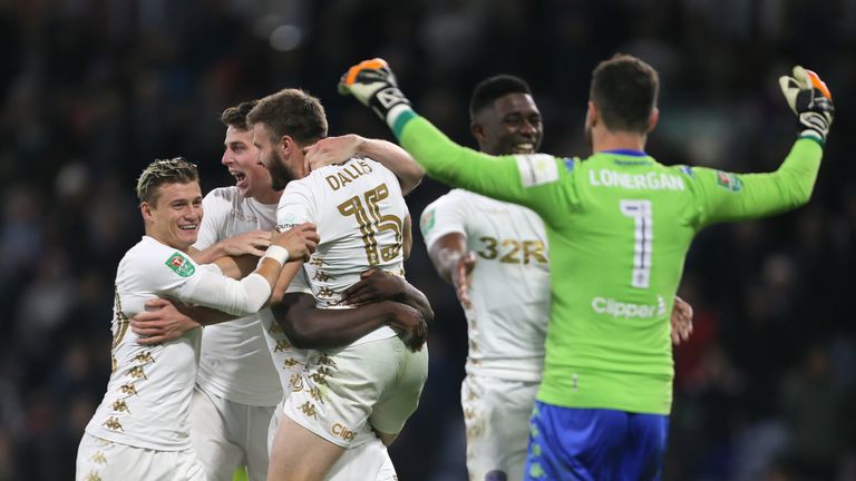 Leeds United's Stuart Dallas (centre) celebrates after the Carabao Cup, third round match at Turf Moor, Burnley