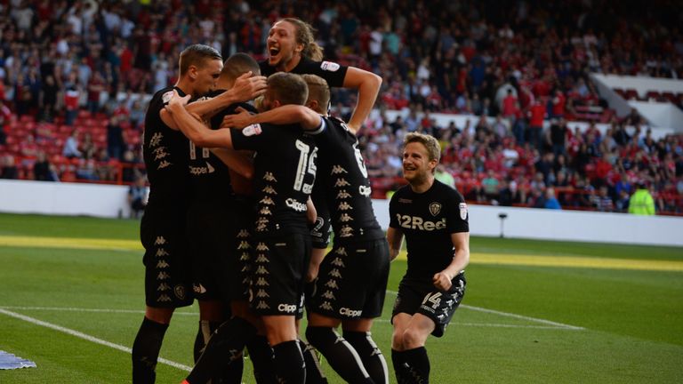 NOTTINGHAM, ENGLAND - AUGUST 26: Leeds United players celebrate after scoring the second goal during the Sky Bet Championship match between Nottingham Fore
