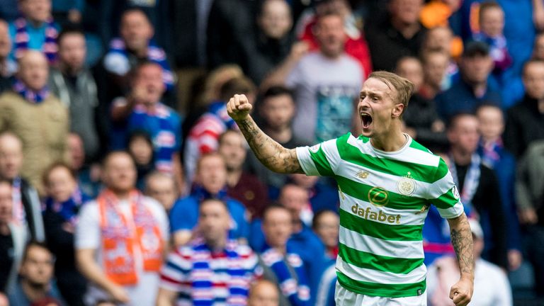 Leigh Griffiths celebrates his goal on his 100th Celtic appearance