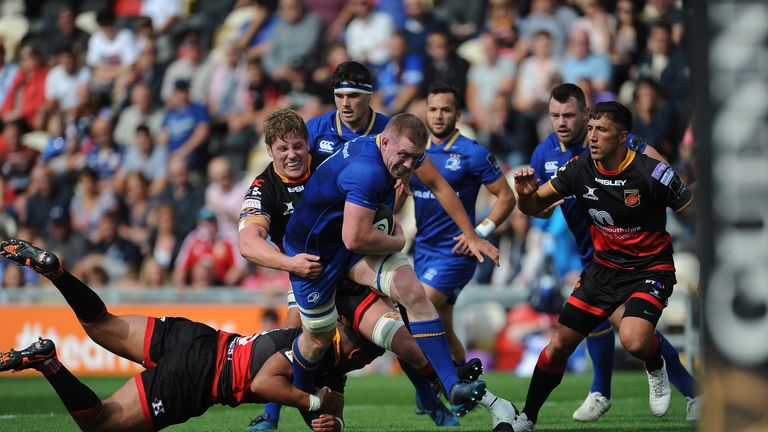 Guinness PRO14, Rodney Parade, Newport, Wales 2/9/2017.Newport Gwent Dragons vs Leinster.Leinster's Dan Leavy is tackled by Dragons' Leon Brown