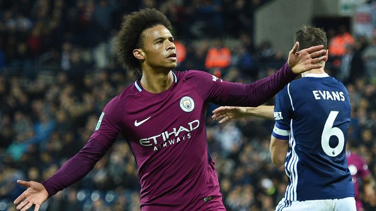 Leroy Sane celebrates after scoring Manchester City's second goal during the Carabao Cup third round football match at West Brom