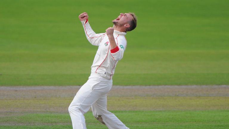 MANCHESTER, ENGLAND - SEPTEMBER 27: Liam Livingstone of Lancashire celebrates after getting 5 wickets during the County Championship Division One match bet