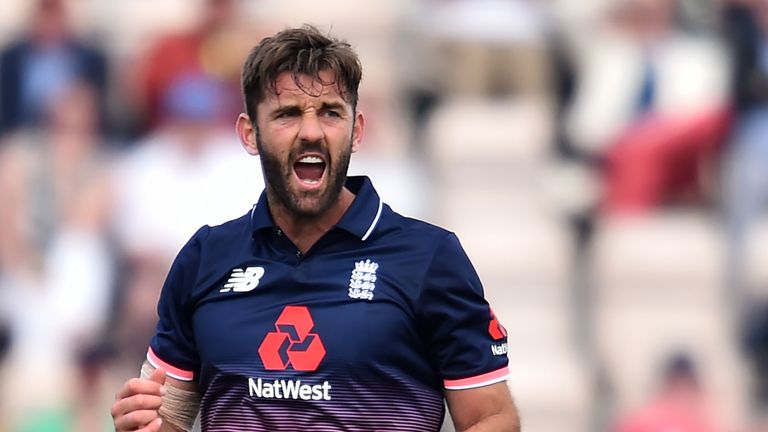 England's Liam Plunkett celebrates the wicket of South African Faf du Plessis, caught behind by England's Jos Buttler for 16 during the second One-Day Inte