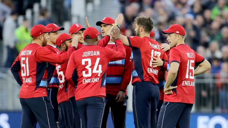 England celebrate after Liam Plunkett (centre right) stumps West Indies' Chris Gayle during the NatWest T20 match at the Emirates Riverside, Durham