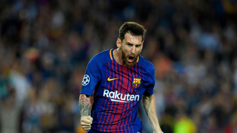 Barcelona's forward from Argentina Lionel Messi celebrates after scoring during the UEFA Champions League Group D football match FC Barcelona vs Juventus a