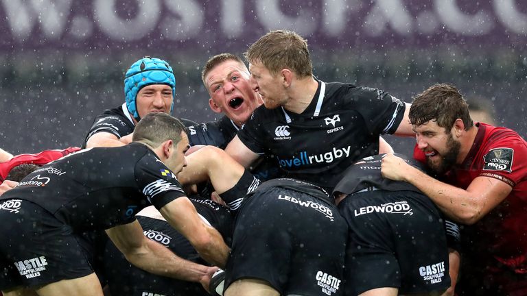 Guinness PRO14, Liberty Stadium, Swansea, Wales 16/9/2017.Ospreys vs Munster.Ospreys Justin Tipuric, Lloyd Ashley and Bradley Davies.