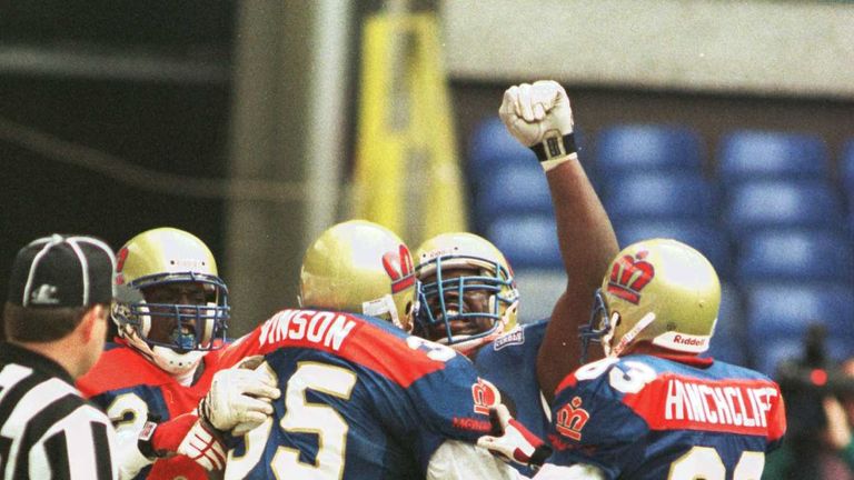 14 Apr 1996:   The Monarchs celebrates after #35 Tony Vinson scores a touchdown during the London Monarchs v Scottish Claymores World League of American Fo