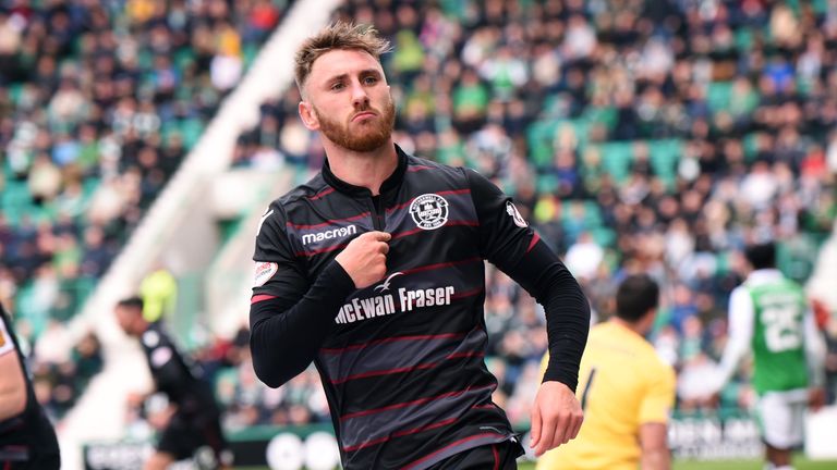 Louis Moult celebrates after making it 2-1 at Easter Road
